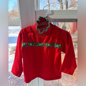 VINTAGE - toddler red long sleeve turtle neck sweater with green Floral Trim